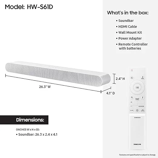 SAMSUNG S61D 5.0ch Soundbar w/Wireless Dolby Atmos Audio, All-in-One Design, Q-Symphony, SpaceFit Sound Pro, Adaptive Sound, Game Mode Pro with Alexa Built-in, HW-S61D/ZA (Newest Model)