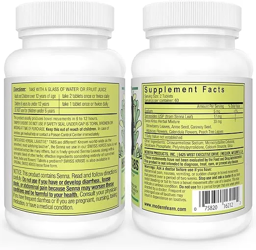 Swiss Kriss Herbal Laxative Tablets, Gentle & Natural Laxatives for Constipation Relief for Adults & Children Over Age 6, Works in 6-12 Hours, Senna Laxative, 120 Tablets Total