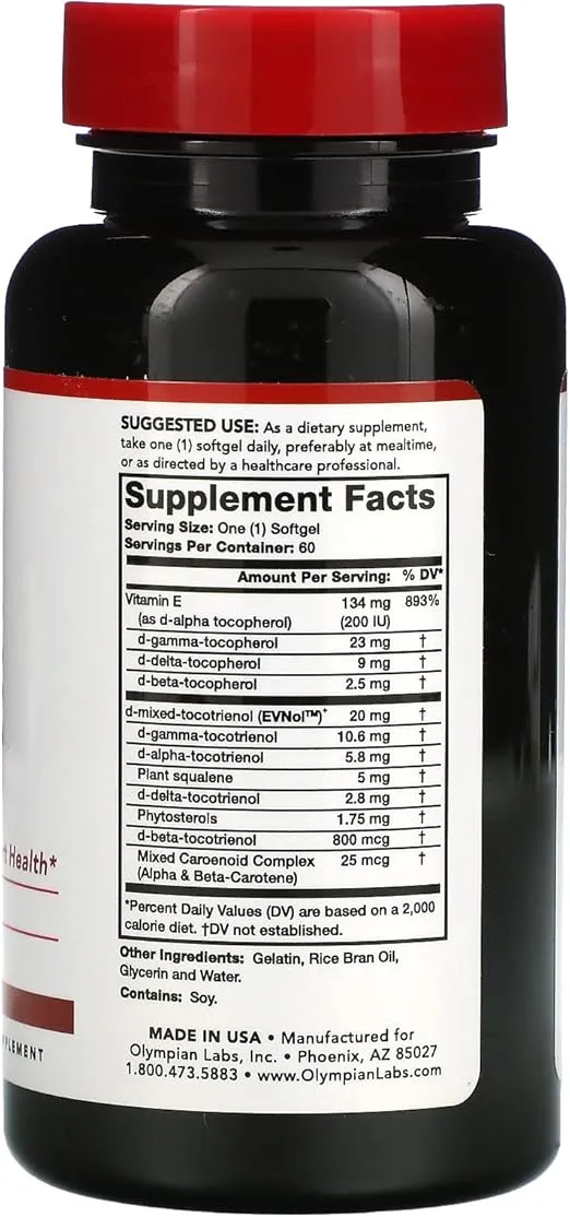 Olympian Labs Vitamin E Complete Tocomin, 200IU 60 Softgels, Fight Free Radicals, Supports Brain, Skin & Hair, 60 Servings