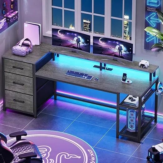 SEDETA 59" Office Desk with Drawers, Reversible Computer Desk with File Drawers & Storage, Gaming Desk with LED Lights & Power Outlet, Home Office Desks for Printer, Grey