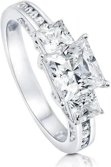 BERRICLE Sterling Silver 3-Stone Wedding Engagement Rings 1.6 Carat Princess Cut Cubic Zirconia CZ Promise Ring for Women, Rhodium Plated Size 4-10