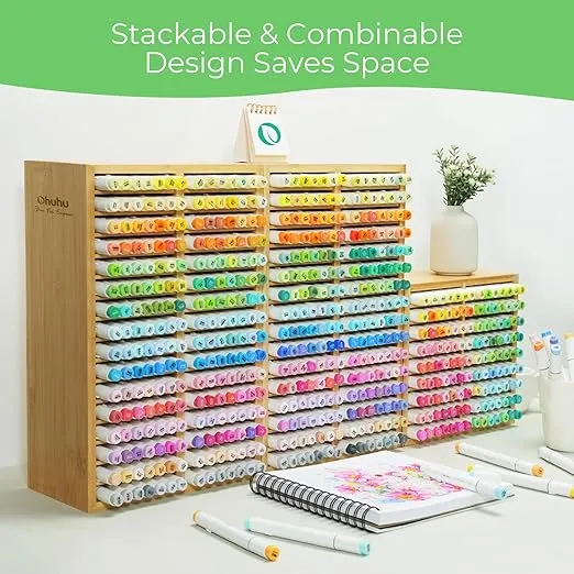 Ohuhu Bamboo Marker Organizer, Desktop Storage Hold 224 Markers for Honolulu Oahu Series of Ohuhu Markers, Pens Pencils Stationary Organizer Holder with 32 Compartments for Classroom Office Decor