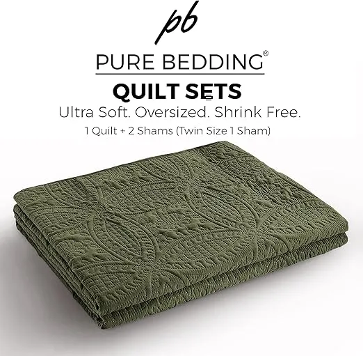 Quilt Set King/Cal King/California King Size Olive Green - Oversized Bedspread - Soft Microfiber Lightweight Coverlet for All Season - 3 Piece Includes 1 Quilt and 2 Shams, Geometric Pattern