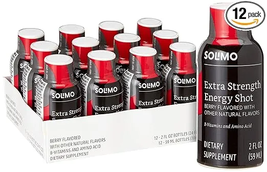 Amazon Brand - Solimo Energy Shot, Berry Flavor, 2 fl oz (Pack of 12)