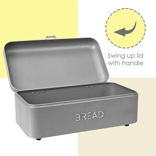 Home Basics Soho Bread Box For Kitchen Countertop, Metal, (Grey), Vented With Hinge Top | Large Bread Box | Keeps Loaves, Bagels, Croissants Fresh