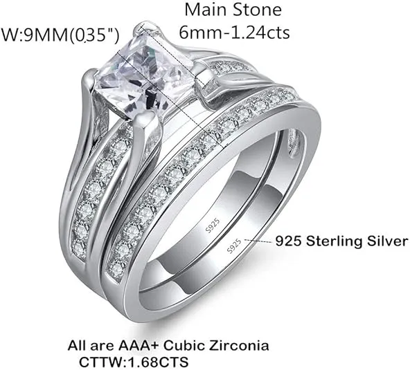 MABELLA 925 Sterling Silver Cubic Zirconia Princess Cut Women's Wedding Engagement Bridal Ring Set