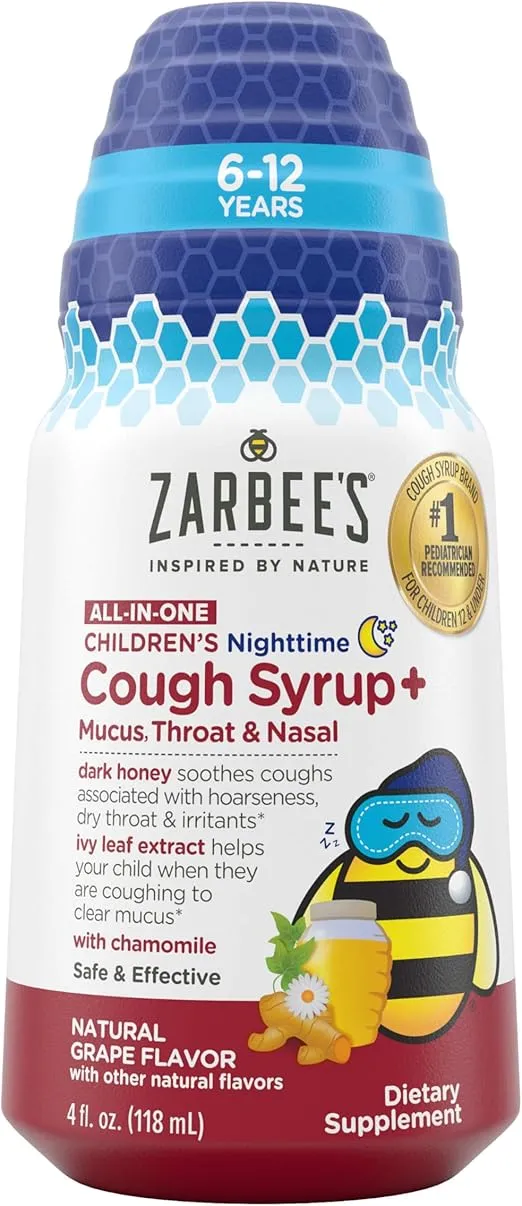 Zarbee's Kids All-in-One Nighttime Cough for Children 6-12 with Dark Honey, Turmeric, B-Vitamins & Zinc, #1 Pediatrician Recommended, Drug & Alcohol-Free, Grape Flavor, 4FL Oz