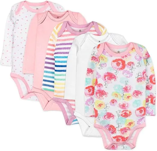 HonestBaby Baby Girls' 5-pack Long Sleeve Bodysuits One-piece 100% Organic Cotton for Infant Baby Girls', Unisex