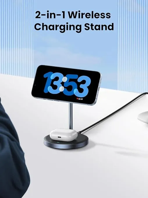 UGREEN MagFlow 2-in-1 Magnetic Wireless Charging Station Compatible with iPhone 16 15 14 13 12 Series and AirPods Series, Wireless Charging Stand with 3 FT USB-C Cable (No AC Adapter)