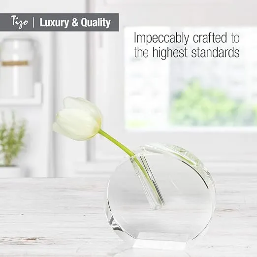 Tizo Design Clear Elegant Round Crystal Glass Bud Vase, Small Heavy Crystal 1.75” Thick Flat Round Vase, Boutique Quality Home Décor (4.75" x 5.12" x 1.75”)