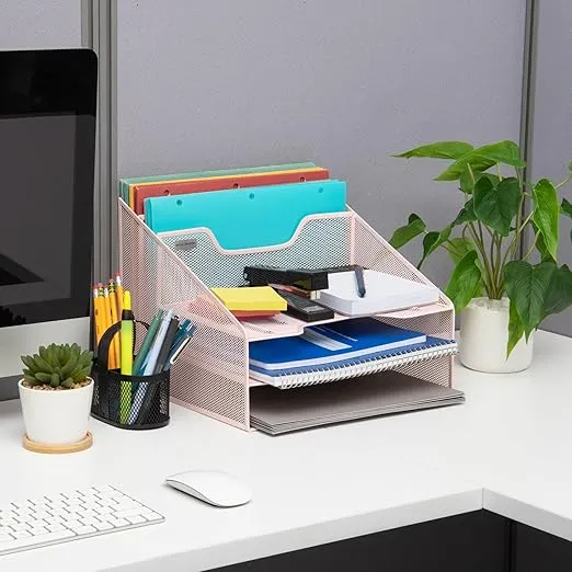 Mind Reader Desktop Organizer, Vertical File Holder, Paper Trays, Office, Metal Mesh, 12.5" L x 11.5" W x 9.5" H, Pink