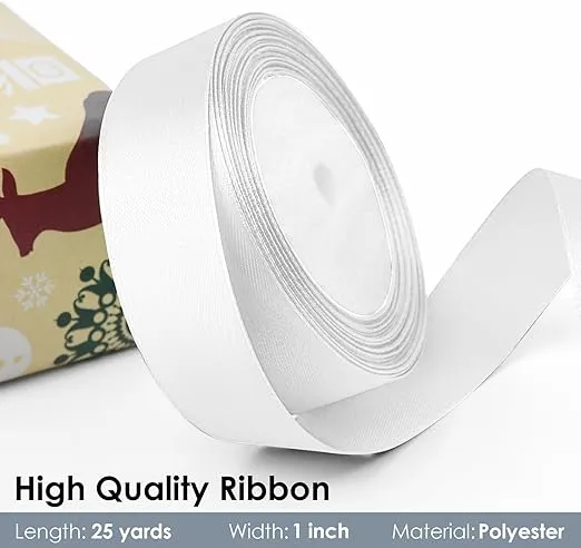 25 Yards 1 inch Satin Ribbon, Solid Color Fabric Ribbon Perfect for Gift Wrapping, Wedding, Handmade Bows, Floral Bouquets and Party Decoration(White)