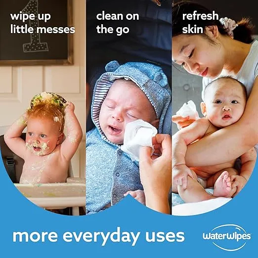 WaterWipes Plastic-Free Original Baby Wipes, 99.9% Water Based Wipes, Unscented & Hypoallergenic for Sensitive Skin, 180 Count (3 packs), Packaging May Vary