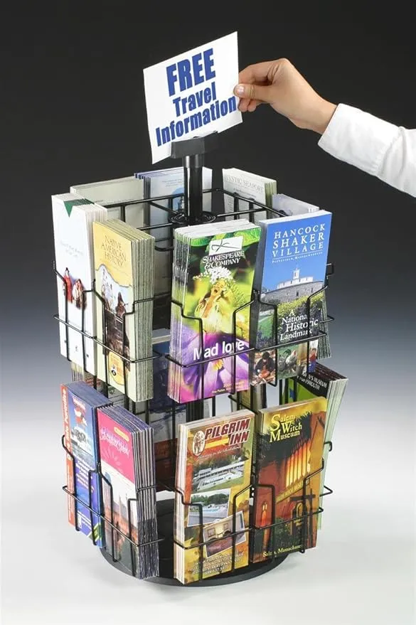 Wire Literature Display for Counter, Rotating Brochure Rack with 16 Full-View Pockets for 4x9 Pamphlets, Plastic Sign Holder Included - Black