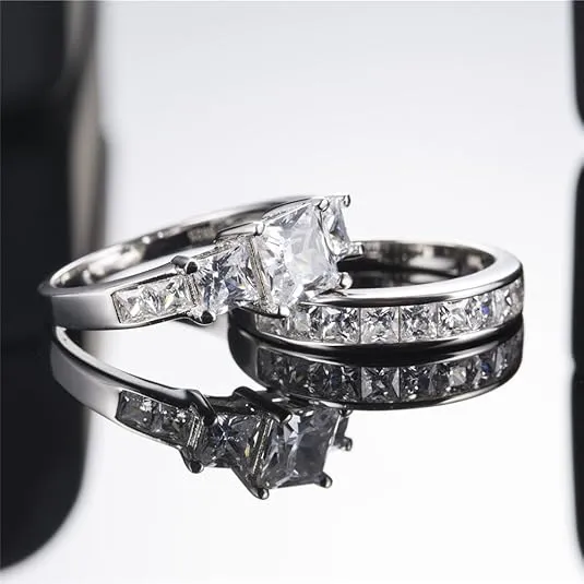 MABELLA Sterling Silver Ring for Women - 3 Stone CZ Princess Cut Engagement Ring - Cute Silver Wedding Ring Bands for Women - Bridal Womens Ring Set - Unique Gift for Her - 2 Pcs