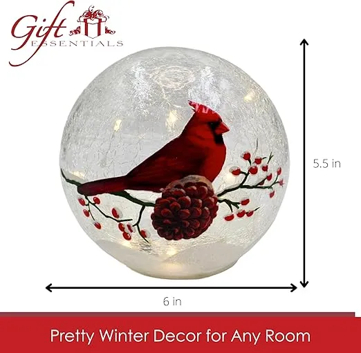 Cardinal with Pine Cones Crackle Glass Globe - LED Christmas Light Up Globe Home Decor - Battery Operated Globe Lamp - Requires 3 AA Batteries (Not Included)