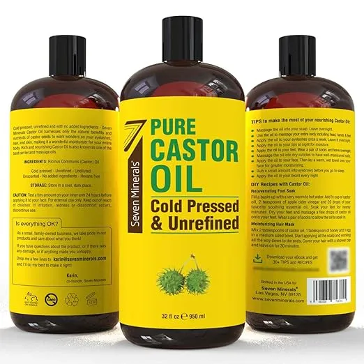 Pure Cold Pressed Castor Oil - Big 32 fl oz Bottle - Unrefined & Hexane Free - 100% Pure Castor Oil for Hair Growth, Thicker Eyelashes & Eyebrows, Dry Skin, Healing, Hair Care, Joint and Muscle Pain