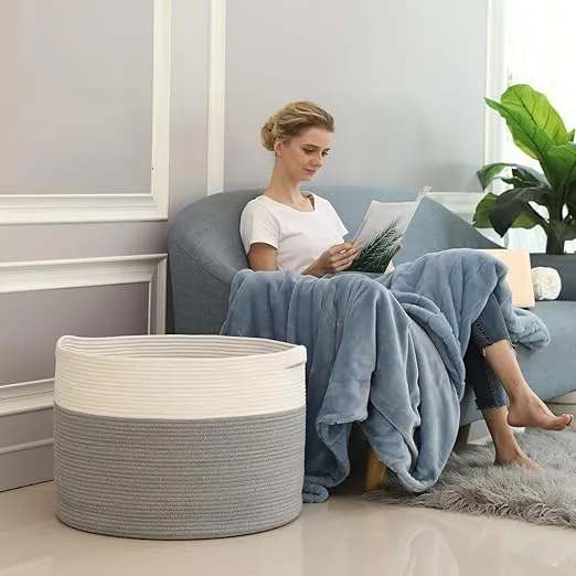 24" x 24" x 17" Max Size Large Cotton Rope Basket, Extra Large Storage Basket, Woven Laundry Hamper, Cloth Storage Bin, for Blankets Clothes Towels Pillows in Living Room, Grey