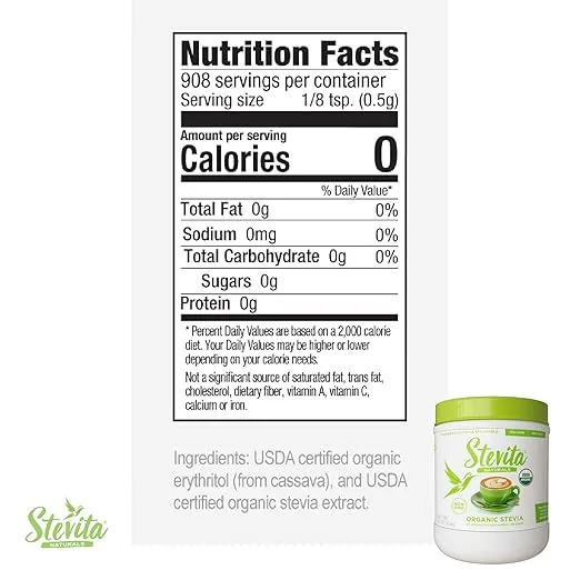 Stevita Organic Stevia - 16 oz - Stevia & Erythritol All-Natural Sweetener, No Calories - USDA Organic, Non-GMO, Vegan, Keto, Paleo, Gluten Free - 908 Servings