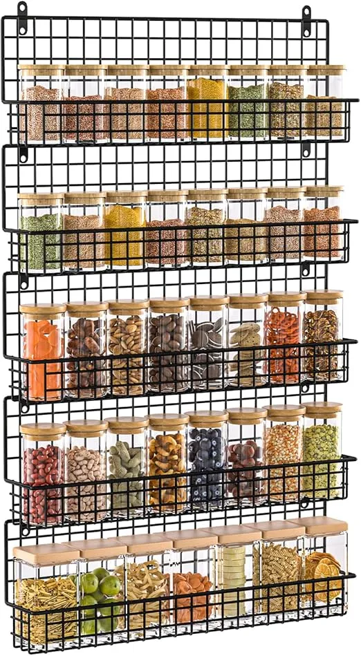 X-cosrack Spice Rack Organizer Wall Mounted 5-Tier Stackable Hanging Spice Jars Storage Racks,Great for Kitchen and Pantry,Up to Storage 48 Jars(Patent No.:D909138S)