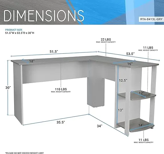 Techni Mobili L Shaped Desk - Modern Computer Desk with Corner Bookshelf & Side Storage Shelves for Home Office Accessories - Elegant, Space-Saving, & Minimalist Executive Table