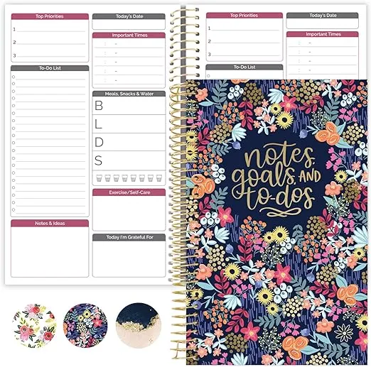 bloom daily planners Bound To Do List Notebook - Undated Daily Planner with 186 pages for Daily Tasks & Appointments- Spiral To Do List Notepad Book for Office, Home, School - Floral Dots V2