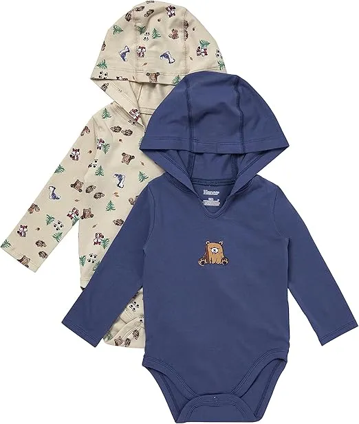 Hanes Baby Pure Comfort Organic Long Sleeve Bodysuit Hoodie, Infant Boy & Girl, 2-Pack