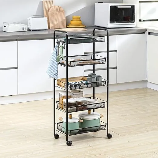 HOMCOM 5 Tier Utility Rolling Cart, Metal Storage Cart, Kitchen Cart with Removable Mesh Baskets, for Living Room, Laundry, Garage and Bathroom, Black