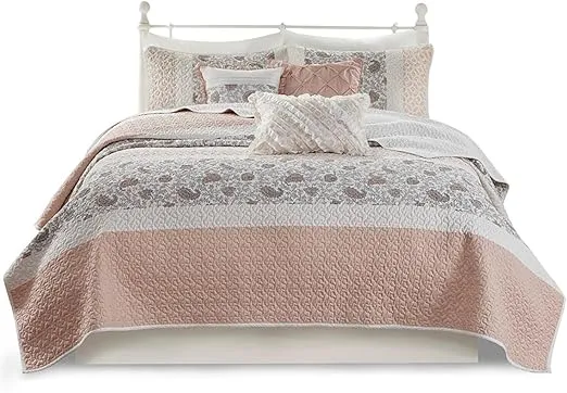 Madison Park 100% Cotton Quilt Set Floral Print, Double Sided Stitching, All Season, Lightweight Coverlet Shabby Chic Bedding Layer, Matching Shams, Full/Queen, Blush 6 Piece