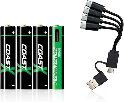 Coast AAA USB-C Rechargeable Batteries, ZITHION-X, Lithium Ion 1.5v 750 mAh, Long Lasting, Charges Under 1.3 Hours, Charging Cable Included, 4-Battery Pack