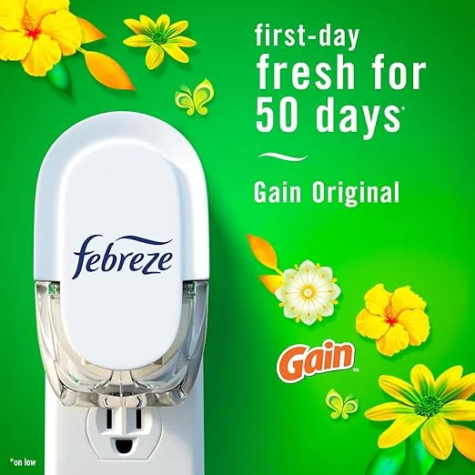 Febreze Plug In Air Freshener, Odor-Fighting Scented Oil Starter Kit, Air Fresheners for Home and Bathroom and Kitchen, Long Lasting for Strong Odors, Gain Original Scent, Warmer + 2 Refill
