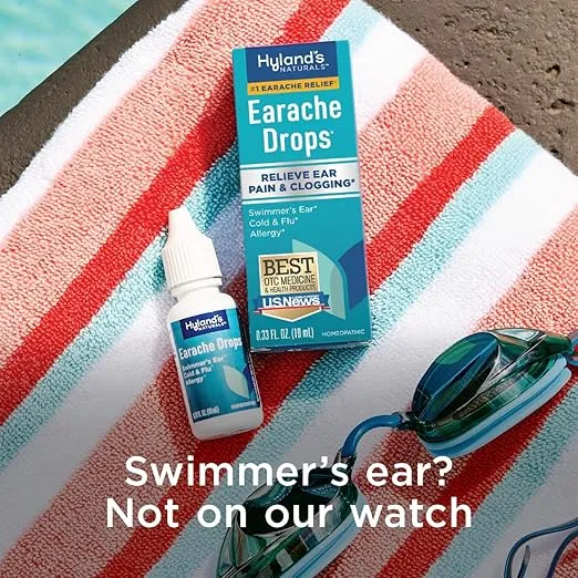 Hyland's Earache Drops, Natural Relief of Swimmer's Ear, Cold & Flu, Allergy Symptoms, Ages 4 & up, Day & Night, 0.33 Fl Oz