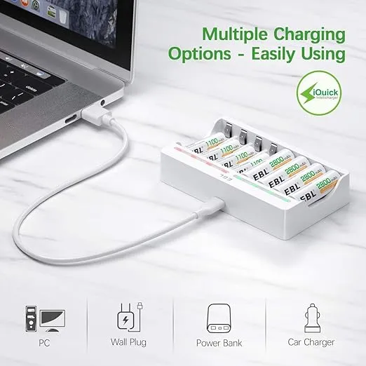 EBL 8 Bay AA AAA Battery Charger - Individual Battery Charger with 5V 2A Fast Charging Function for Ni-MH Ni-CD AA AAA Rechargeable Batteries