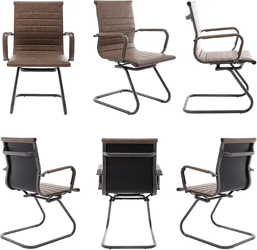 Wahson Office Guest Chairs No Wheels & Reception Chairs, Leather Waiting Room Chairs Mid Back Conference Chairs with Sled Base for Meeting/Lobby/Restroom, Brown (2 Pack)