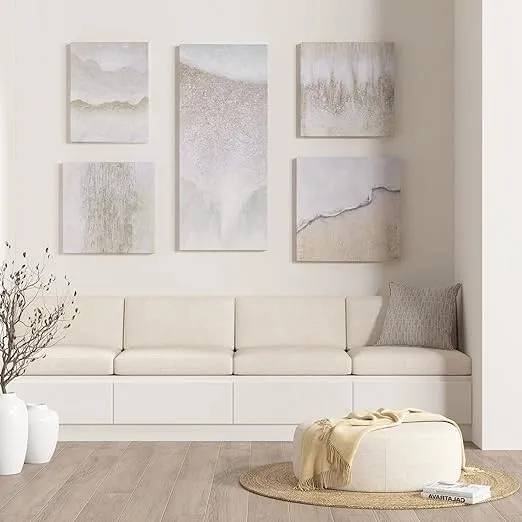 Madison Park Natural Essence Wall Art Living Room Décor - Ombre Textured Embellished Hand Painted Canvas, Modern Home Accent Abstract Decoration, Glitter, Framed, Ready to Hang, Neutral 5 Piece