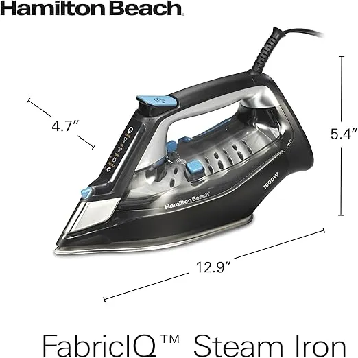 Hamilton Beach Steam Iron for Clothes & Garment Steamer with Intuitive FabricIQ Touchpad, Durable Stainless Steel Soleplate, 3-Way Auto Shutoff, 1800 Watts, 350ml Water Tank, 10' Cord, Black (14950)