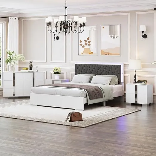 4-Pieces Bedroom Sets, Merax Queen Size LED Velvet Fabric Wooden Platform Bed Frame with LED Lights and Mirrored Nightstands and Dresser, Wood Slat Support, No Box Spring Needed, Easy Assembly (White)