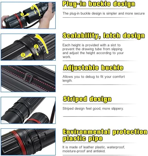 Drawing Tube Blueprint Case Telescoping Art Tube Large Plastic Black Fishing Rods Storage Tube Expands from 30 to 53 Inches Plastic Waterproof and Light Resistant Poster Tube with Strap(Black XL Size)
