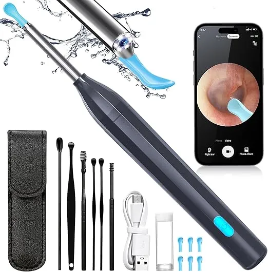 Ear Wax Removal Tool, Ear Cleaner with 1920 HD Camera, Wireless Visual Ear Camera Kit with 6 LED Lights, Rechargeable Ear Cleaning with 6 Ear Pick Replacement for Kids/Adults/Baby/Dog - Gray