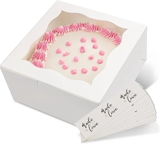 Square Cake Boxes with Window - 24pk Disposable Cake Container with Stickers, White Cake Boxes 10x10x5 Inch