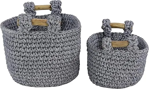 Deco 79 Polyester Round Storage Basket with Handles, Set of 2 13", 11"H, Gray