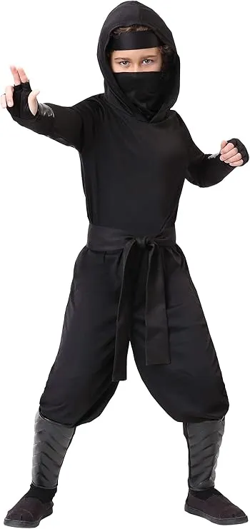 Stealth Shinobi Ninja Kid Costume - Shirt, Pants, Face Mask, and Belt with Leg Guards