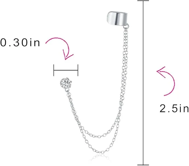 Geometric Cartilage Plain Band With Two Chains Ear Warp Cuff CZ Stud Ear Lobe Earring For Women Teens Men Rose 14K Gold Plated .925 Sterling Silver