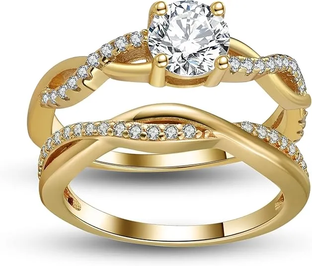 Queena CZ Wedding Ring Set for Women 14k or Rose Gold Plated Sterling Silver Engagement Ring and Band Set Fake Engagement Rings for Women, Travel Wedding Ring Set, Cubic Zirconia Promise Rings for Her