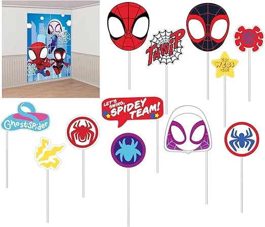 Party Scene Setter with Props - 40" x 27.5" | 1 Set of 16 Pcs, Spidey & His Amazing Friends