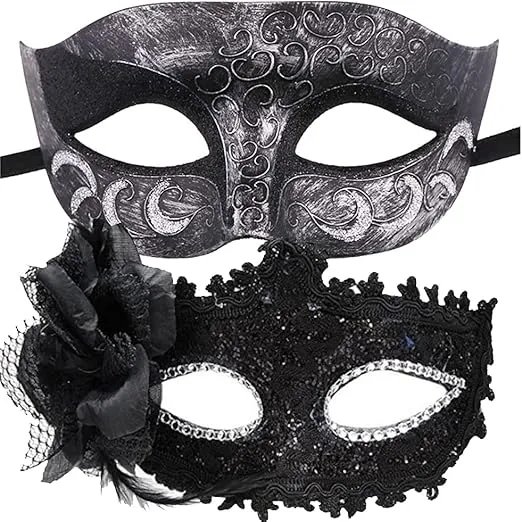 Masquerade Mask for Couples Women and Men - 2 Pack Venetian Silver free
