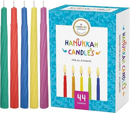 The Dreidel Company Menorah Candles Chanukah Candles 44 Colorful Hanukkah Candles for All 8 Nights of Chanukah (5-Pack)