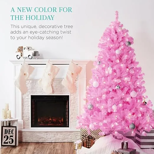 Best Choice Products 4.5ft Pre-Lit Pink Christmas Tree, Full Artificial Holiday Decoration for Home, Office, Party Decoration w/ 362 Branch Tips, 175 Lights, Metal Hinges, Foldable Base