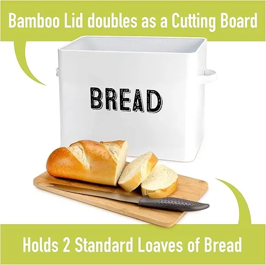 Granrosi Large White Bread Box for Kitchen Countertop, Bread Storage Container, Breadbox, Bread Container, Bread Boxes, Bread Keeper, Bread Holder - Farmhouse Bread Box with Bamboo Wooden Lid - White