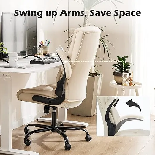 Office Chair - Ergonomic Executive Computer Desk Chairs with Adjustable Flip-up Armrest, Swivel Task Chair with Lumbar Support, Strong Metal Base, PU Leather, White